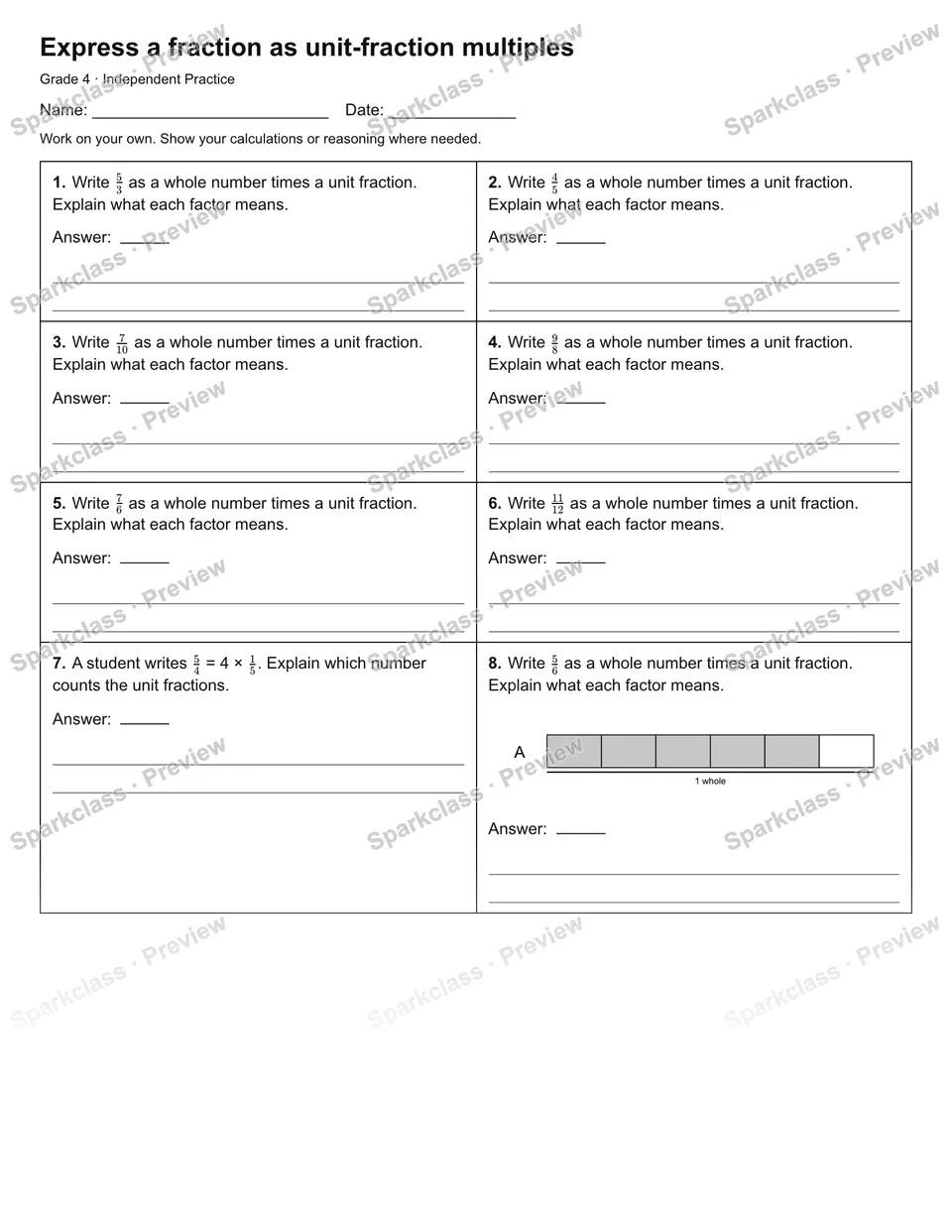Express a fraction as unit-fraction multiples — Independent Practice — Grade 4 worksheet preview