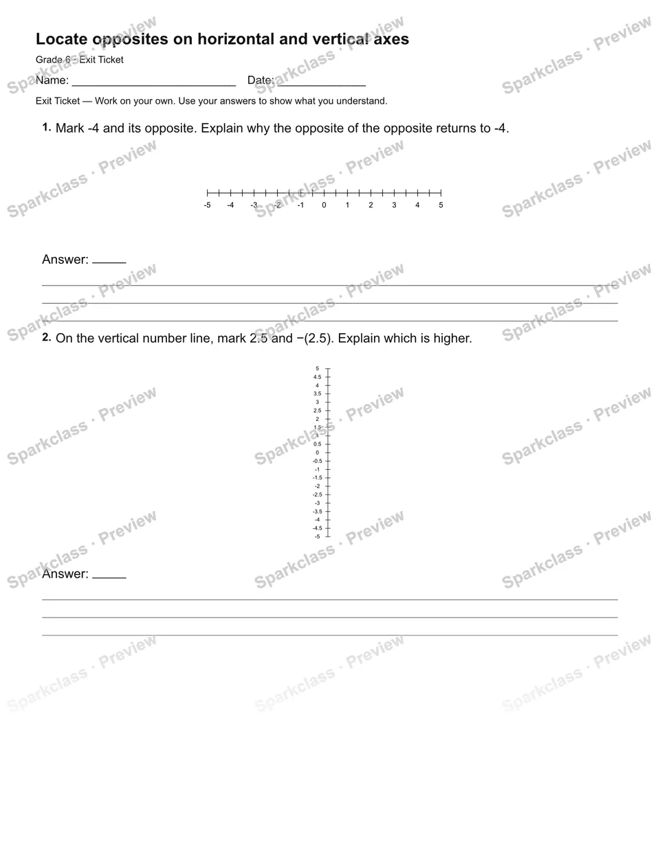 Locate opposites on horizontal and vertical axes — Exit Ticket — page 2