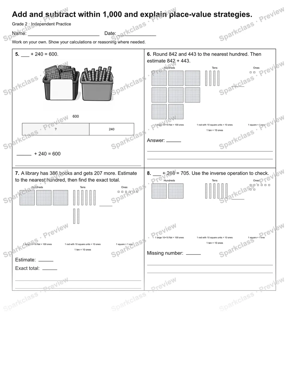 Add and subtract within 1,000 and explain place-value strategies. — Independent Practice — page 2