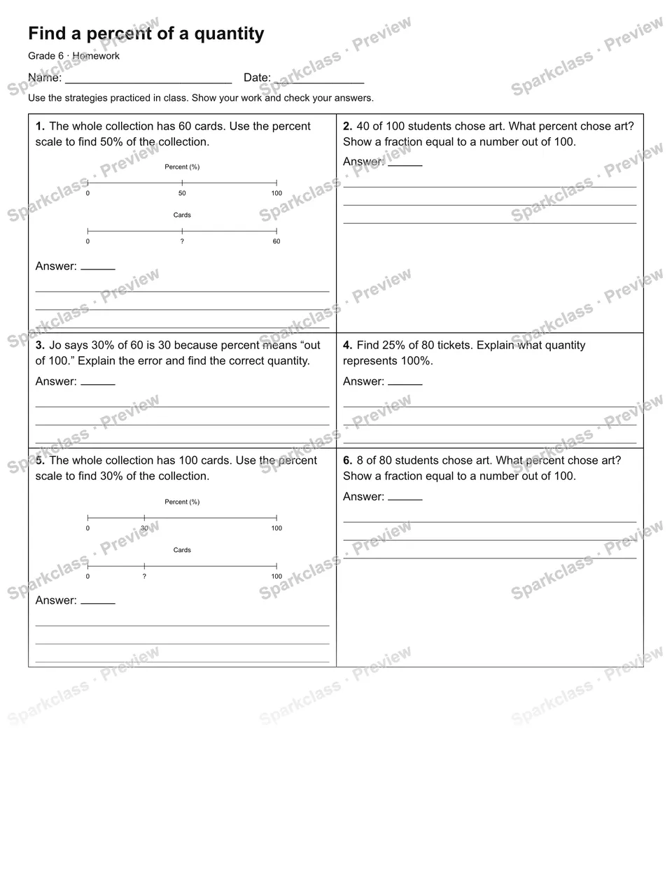 Find a percent of a quantity — Homework — Grade 6 worksheet preview