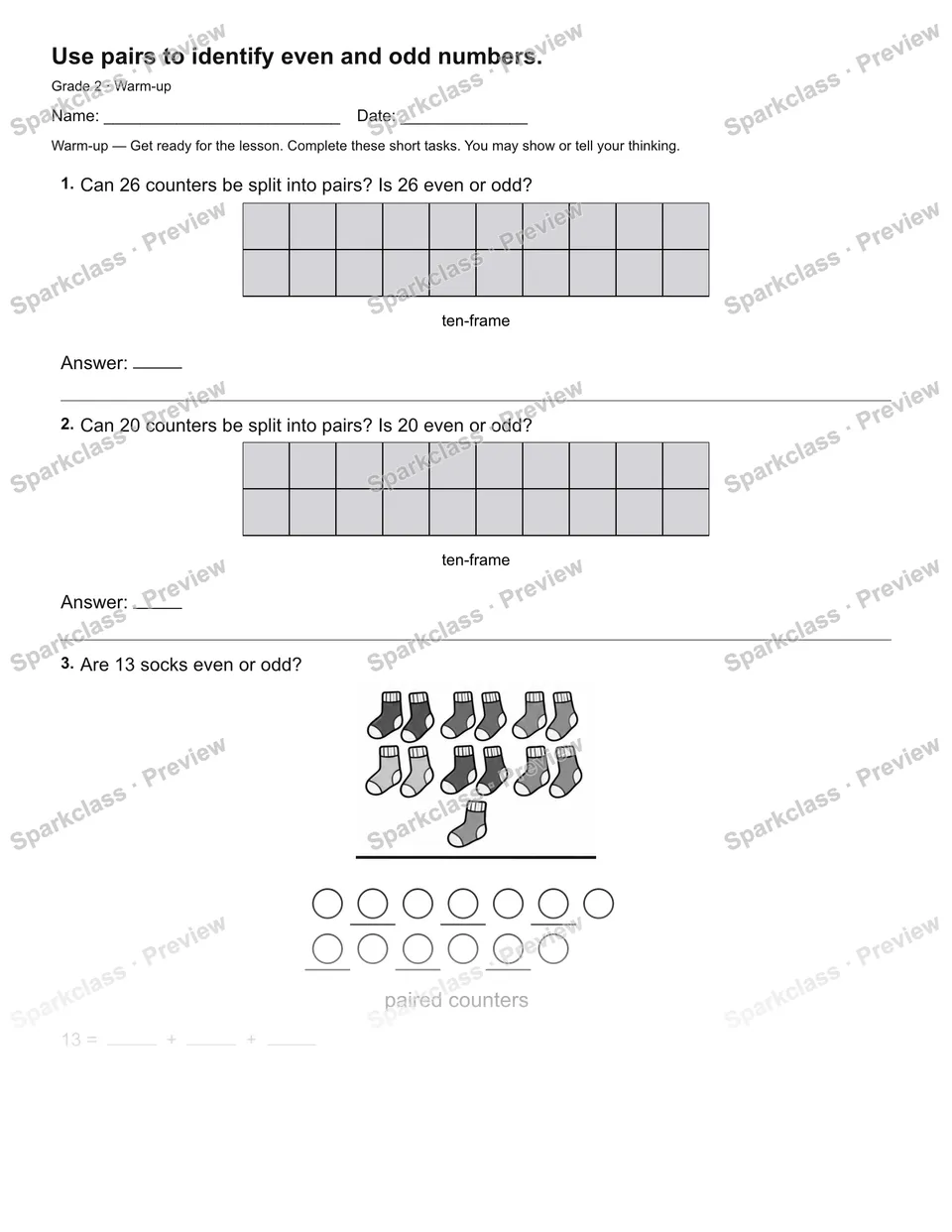 Use pairs to identify even and odd numbers. — Warm-up — page 2