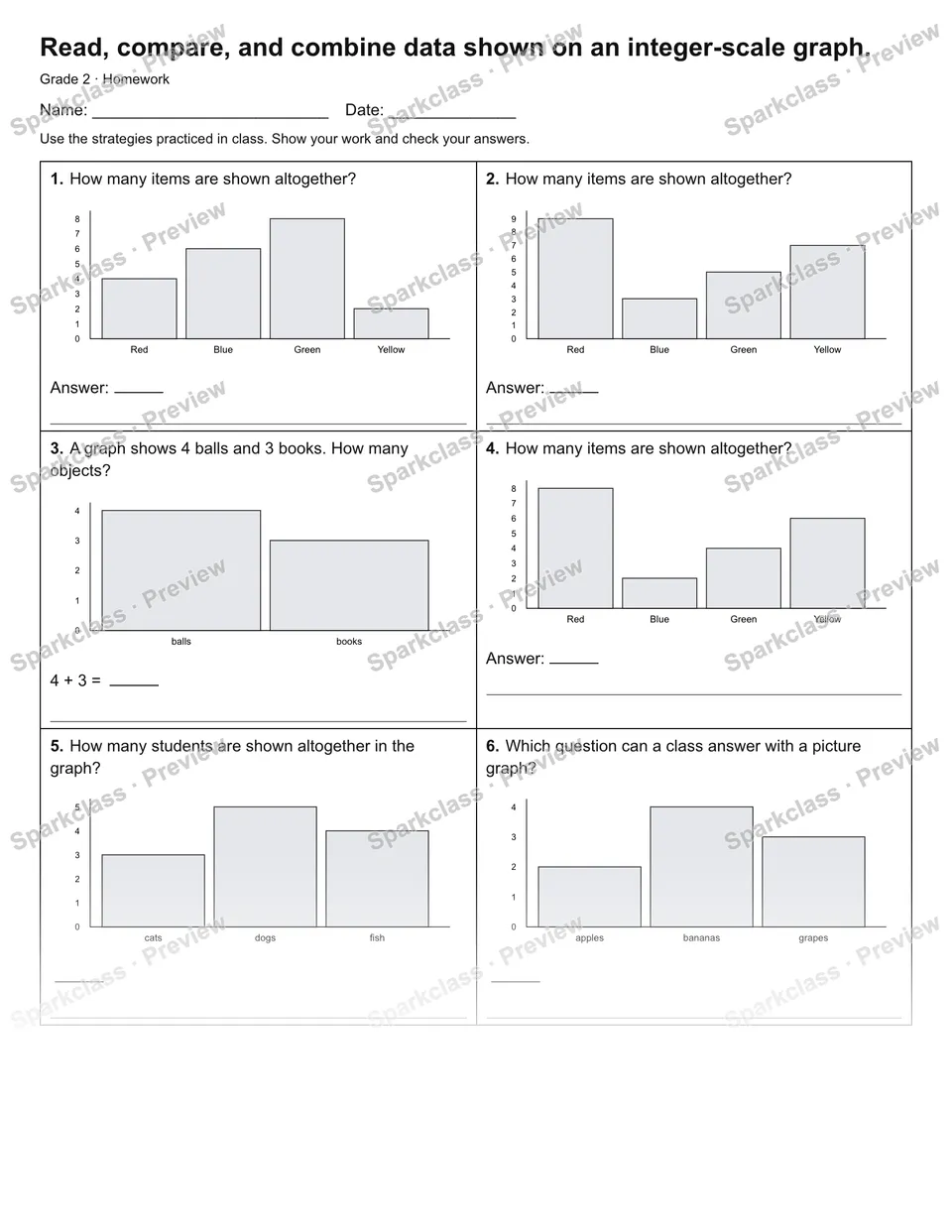Read, compare, and combine data shown on an integer-scale graph. — Homework — Grade 2 worksheet preview