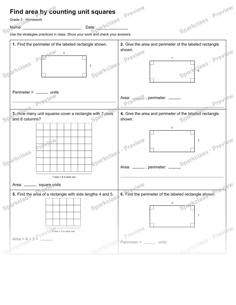 Find area by counting unit squares — Homework — Grade 3 worksheet preview