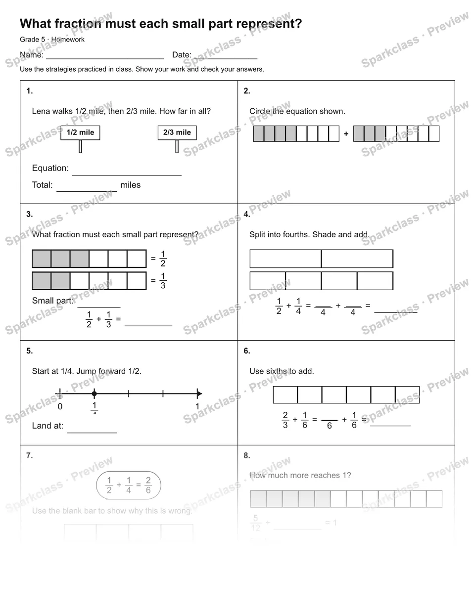 What fraction must each small part represent? — Homework — Grade 5 worksheet preview