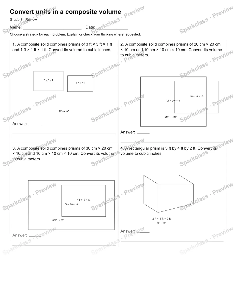 Convert units in a composite volume — Review — Grade 8 worksheet preview