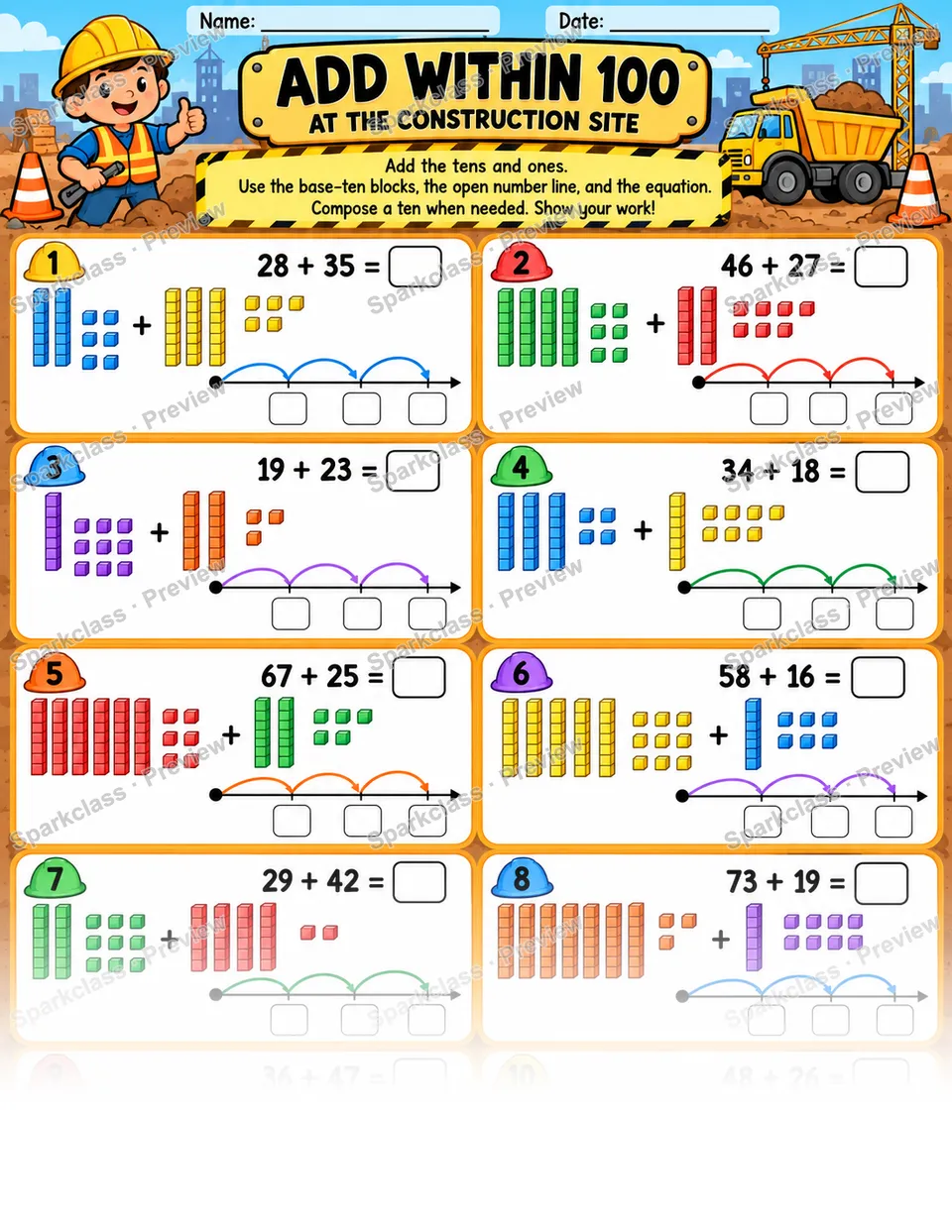 Construction Add Within 100 — Grade 1 worksheet preview