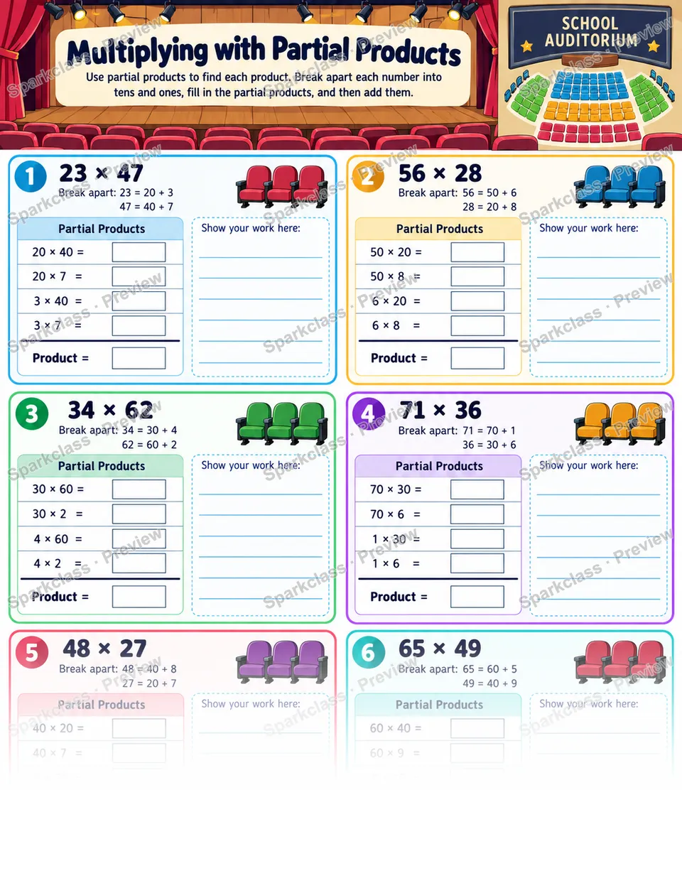 Partial Products · Auditorium — Grade 4 worksheet preview
