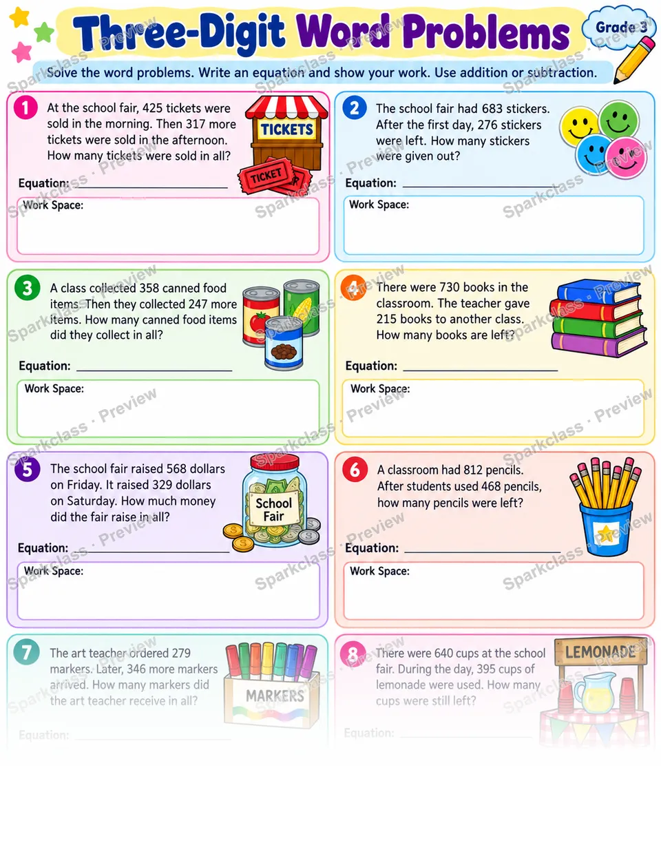 Three Digit Word Problems — Grade 3 worksheet preview
