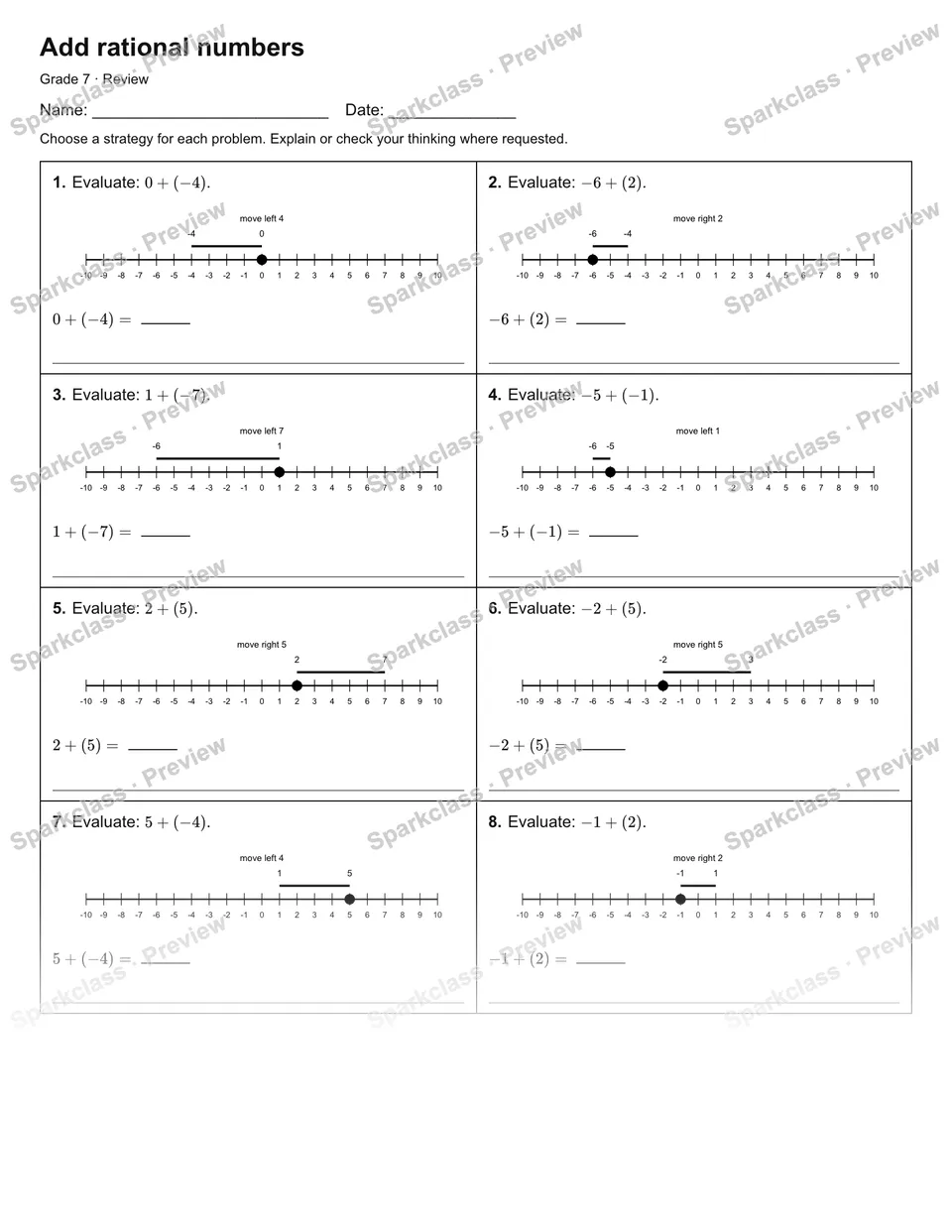 Add rational numbers — Review — Grade 7 worksheet preview