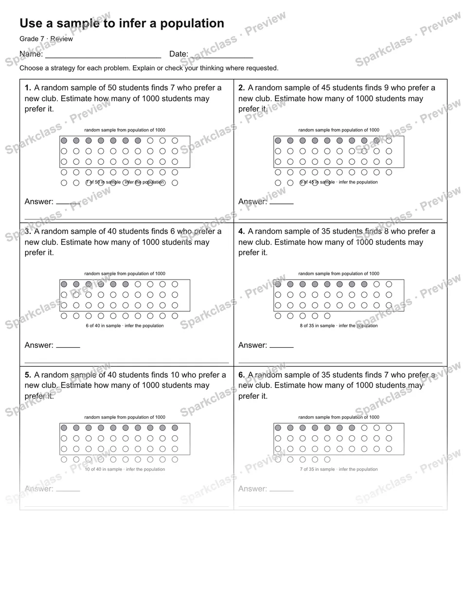 Use a sample to infer a population — Review — Grade 7 worksheet preview