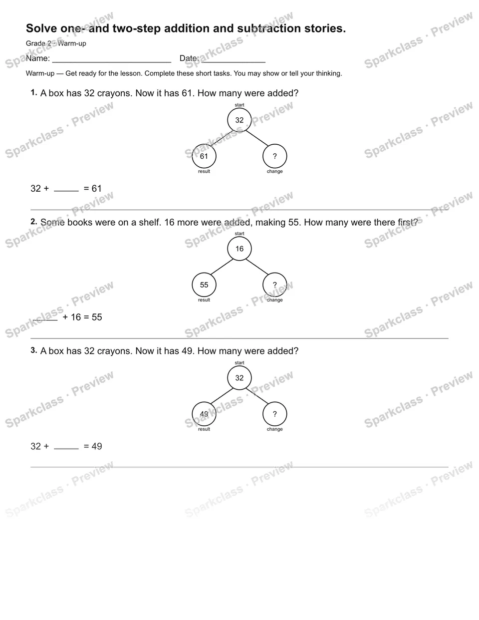 Solve one- and two-step addition and subtraction stories. — Warm-up — Grade 2 worksheet preview