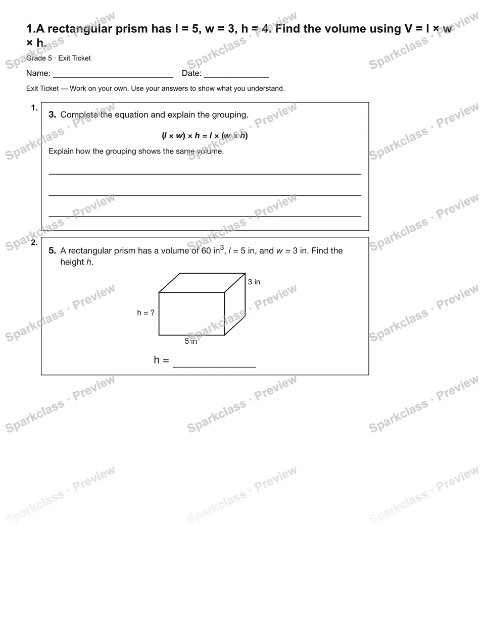 1.A rectangular prism has l = 5, w = 3, h = 4. Find the volume using V = l × w × h. — Exit Ticket — Grade 5 worksheet preview