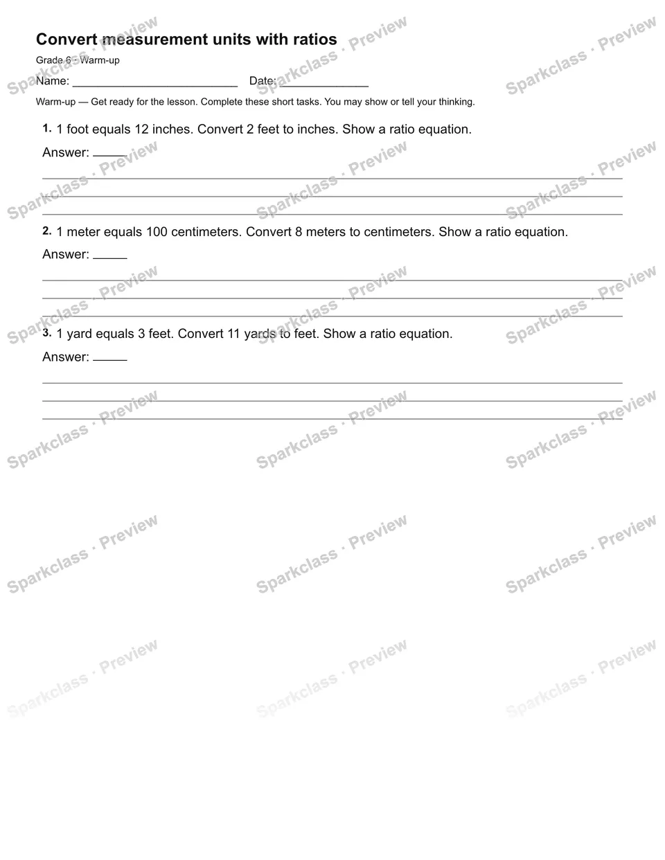 Convert measurement units with ratios — Warm-up — Grade 6 worksheet preview