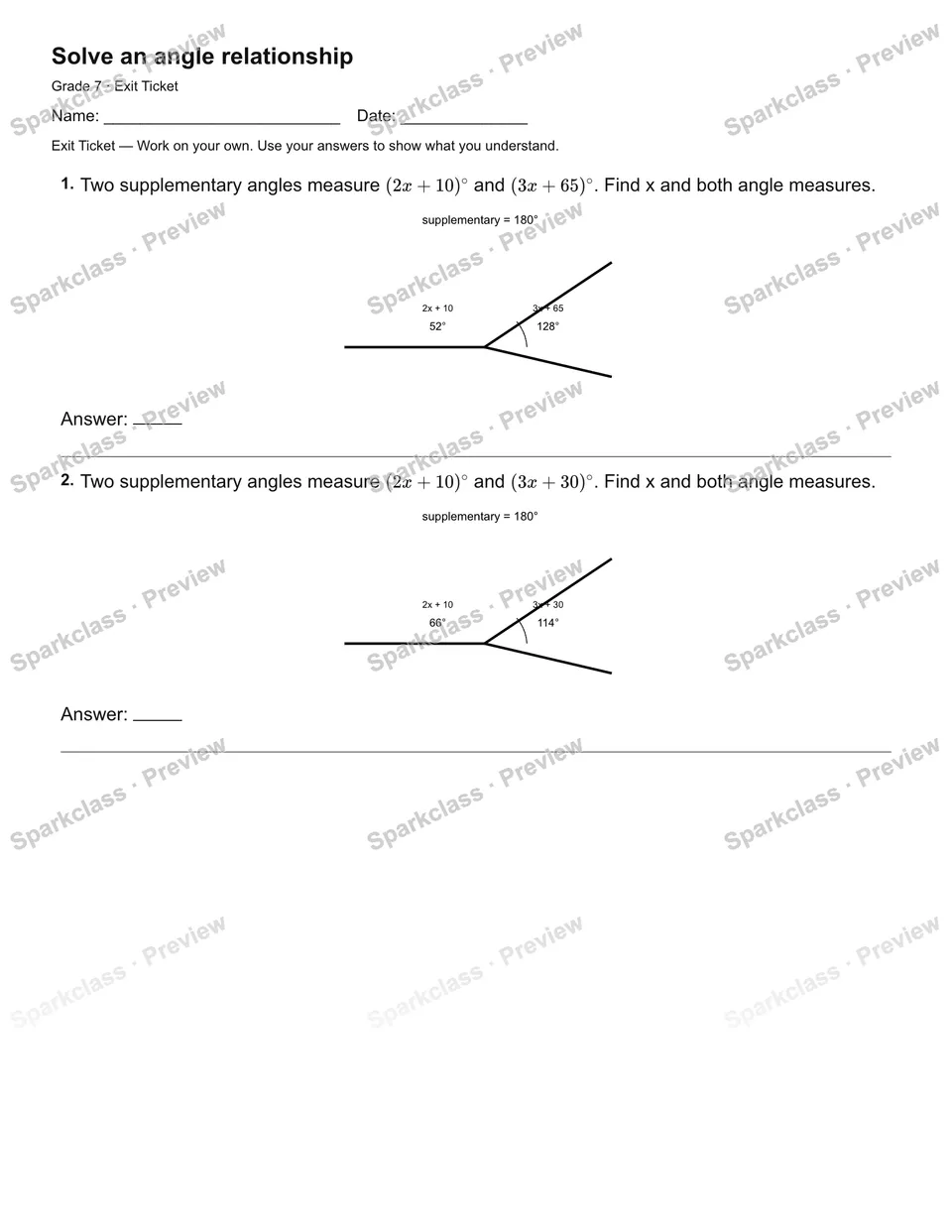 Solve an angle relationship — Exit Ticket — Grade 7 worksheet preview
