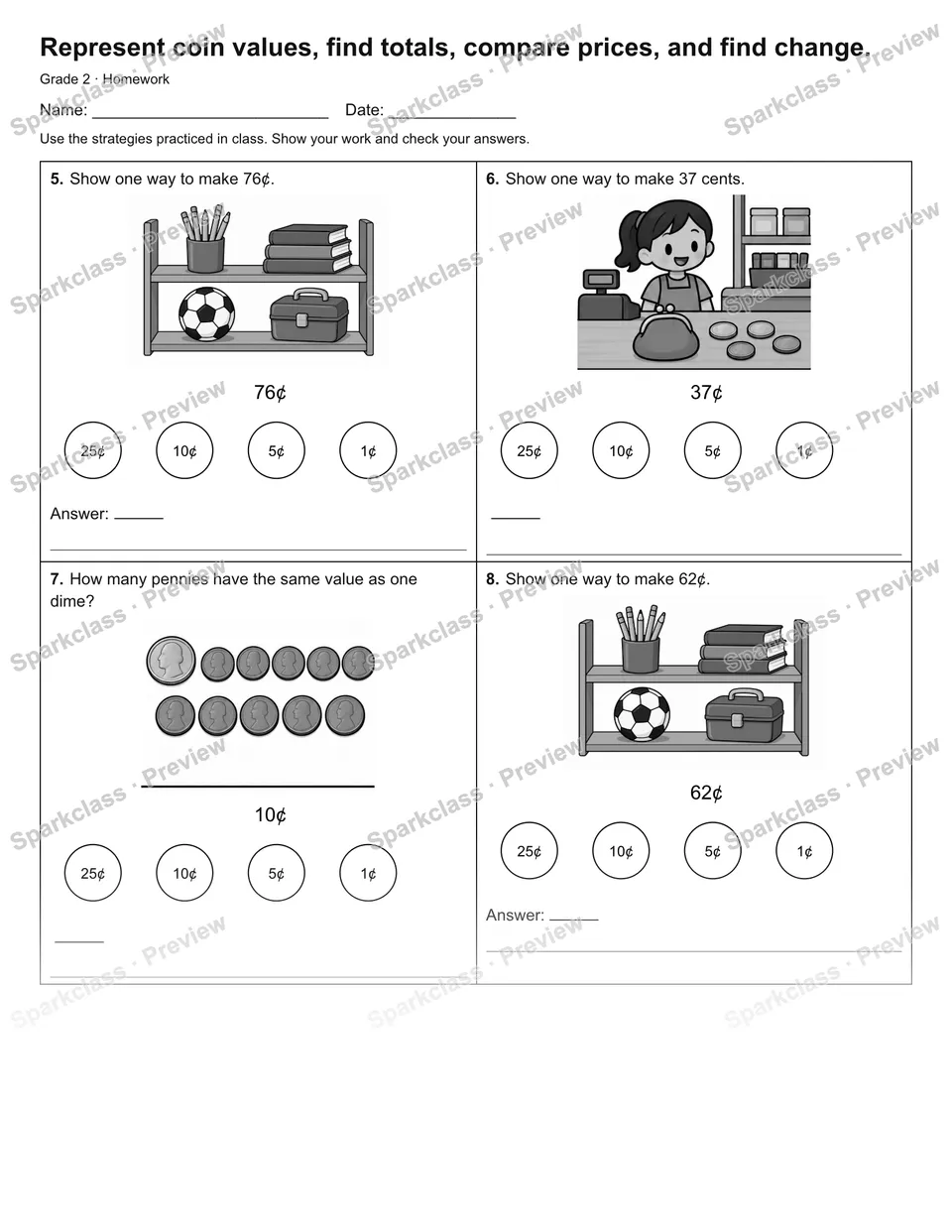 Represent coin values, find totals, compare prices, and find change. — Homework — page 2
