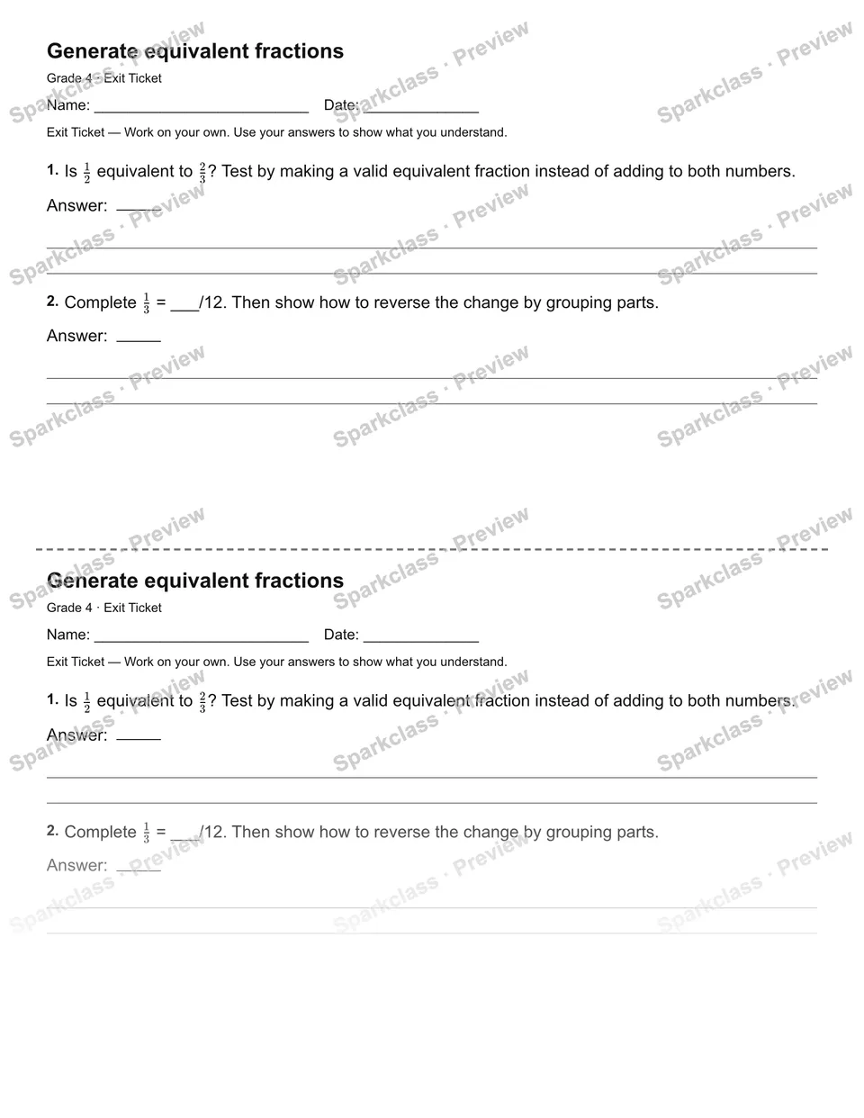 Generate equivalent fractions — Exit Ticket — Grade 4 worksheet preview
