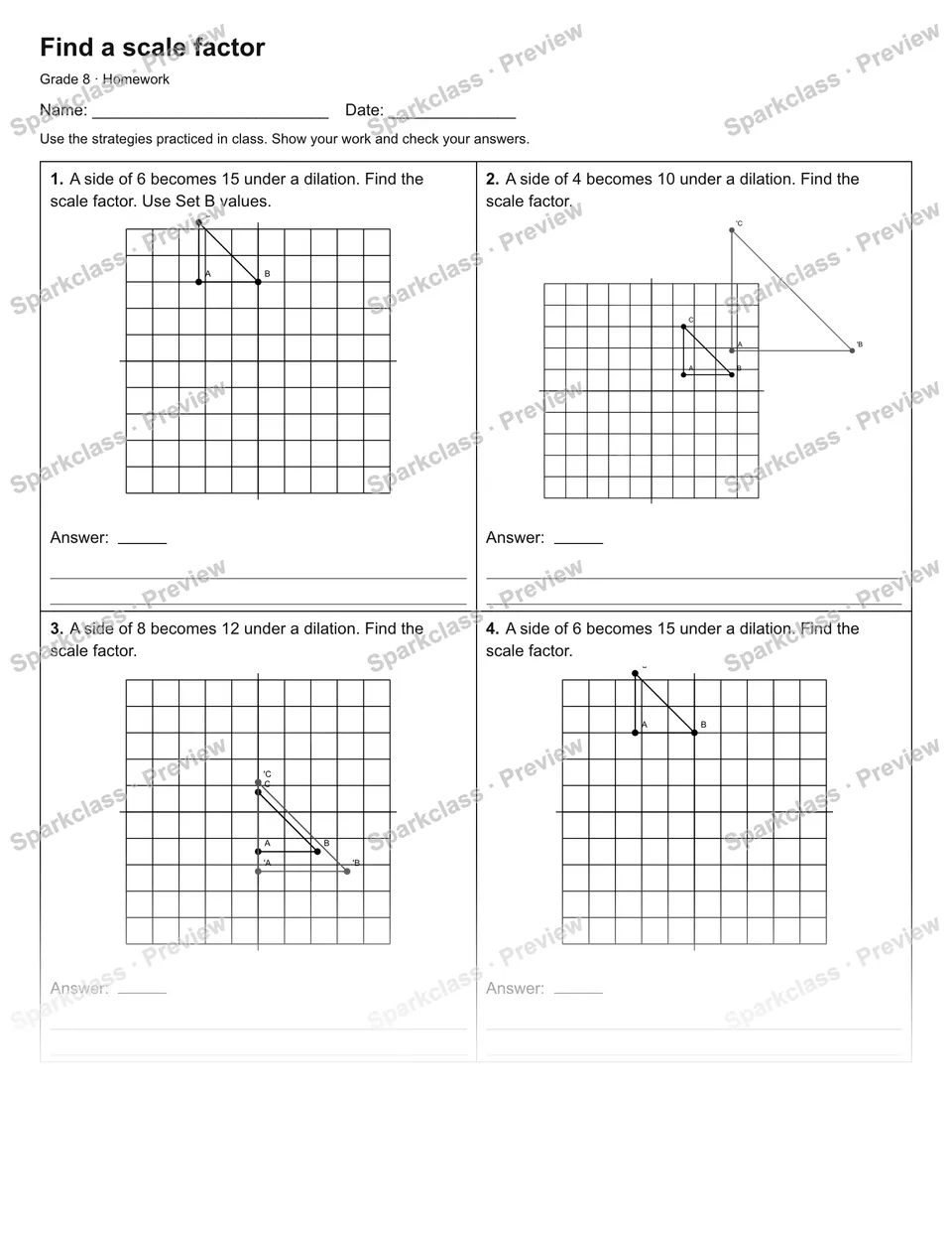 Find a scale factor — Homework — Grade 8 worksheet preview