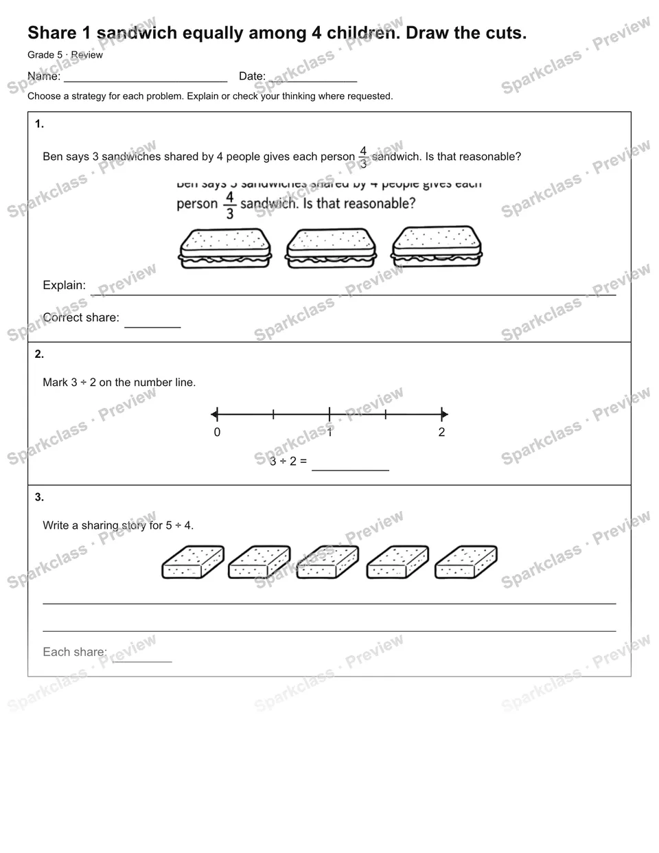 Share 1 sandwich equally among 4 children. Draw the cuts. — Review — Grade 5 worksheet preview