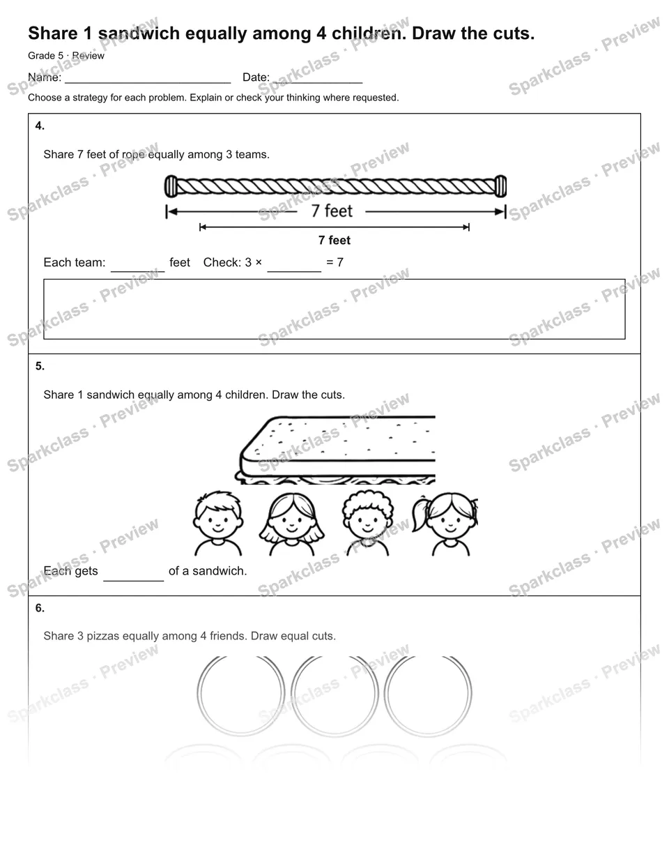 Share 1 sandwich equally among 4 children. Draw the cuts. — Review — page 2