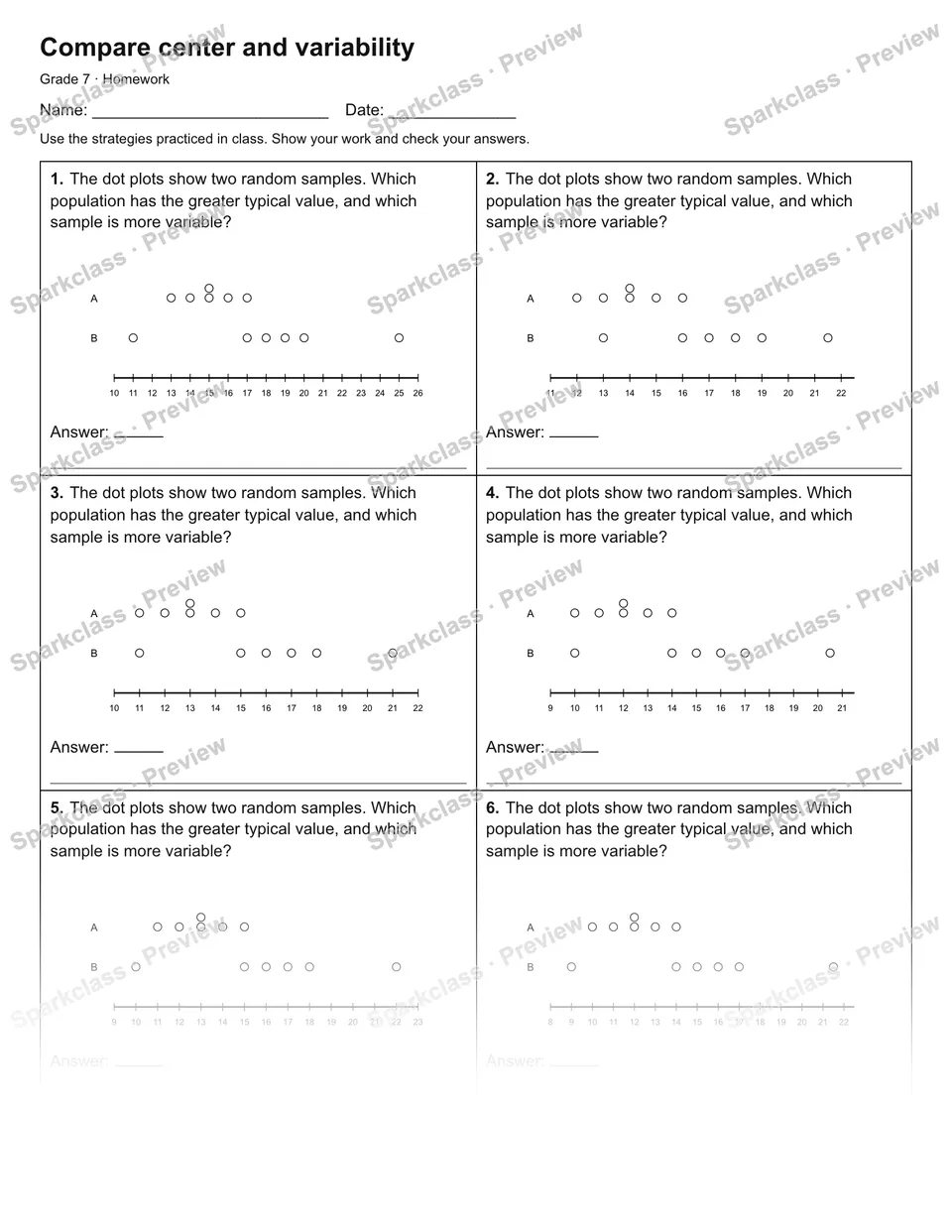 Compare center and variability — Homework — Grade 7 worksheet preview