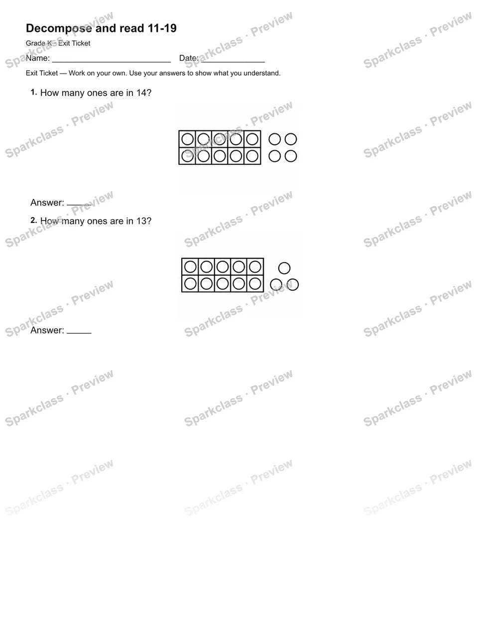 Decompose and read 11-19 — Exit Ticket — Kindergarten worksheet preview