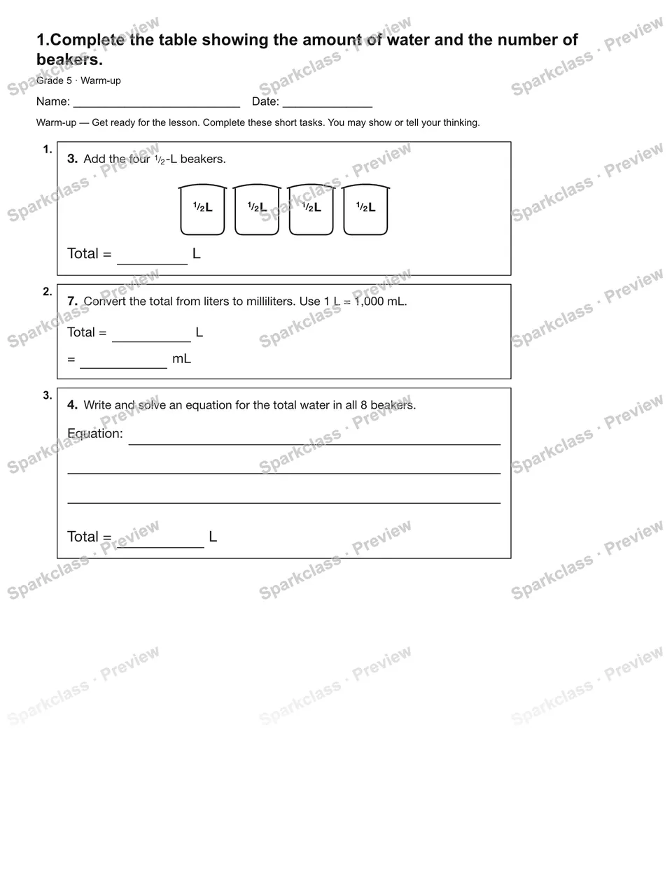 1.Complete the table showing the amount of water and the number of beakers. — Warm-up — Grade 5 worksheet preview