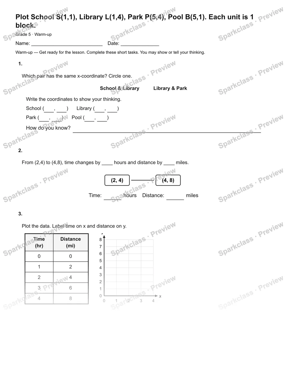 Plot School S(1,1), Library L(1,4), Park P(5,4), Pool B(5,1). Each unit is 1 block. — Warm-up — page 2