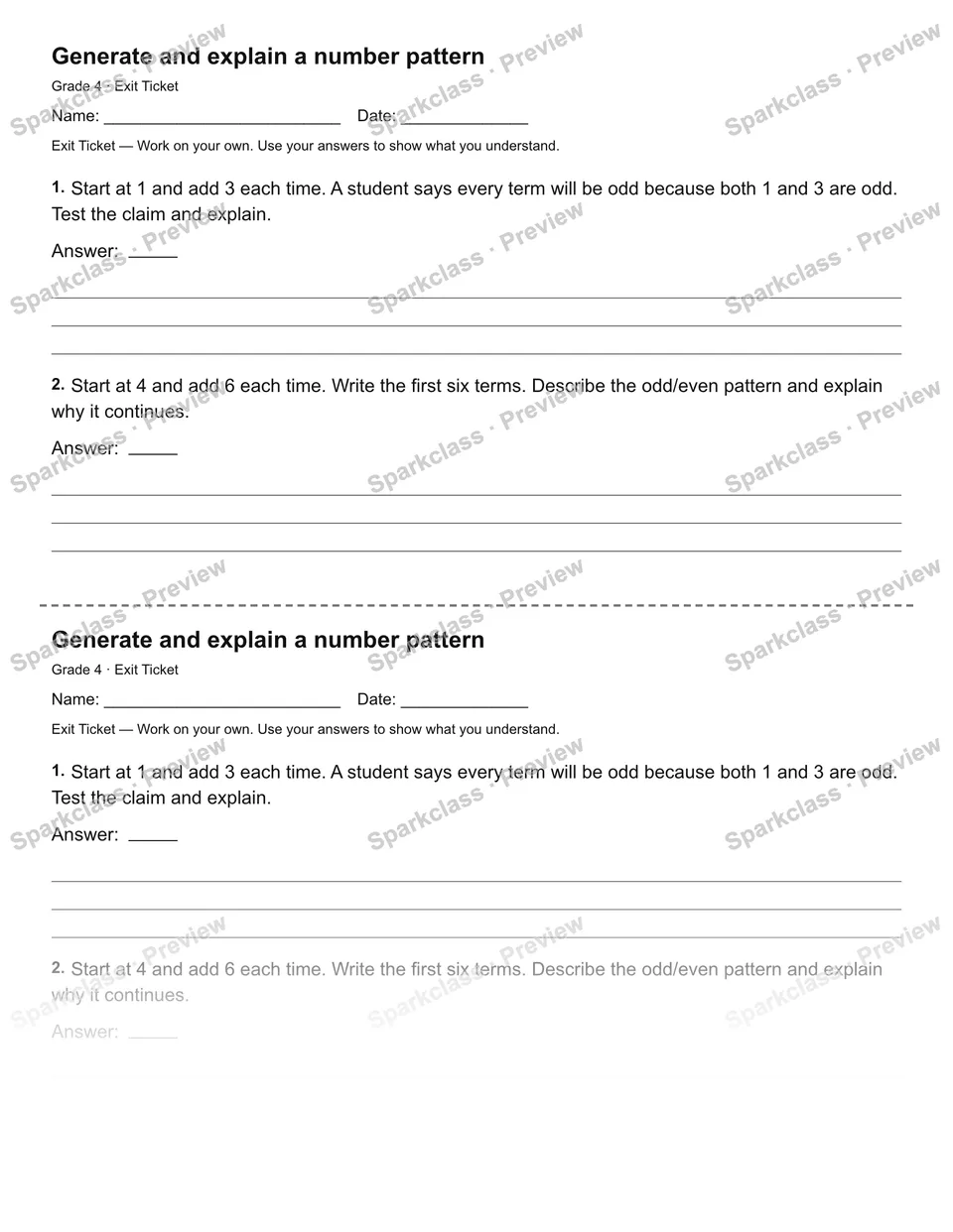 Generate and explain a number pattern — Exit Ticket — Grade 4 worksheet preview
