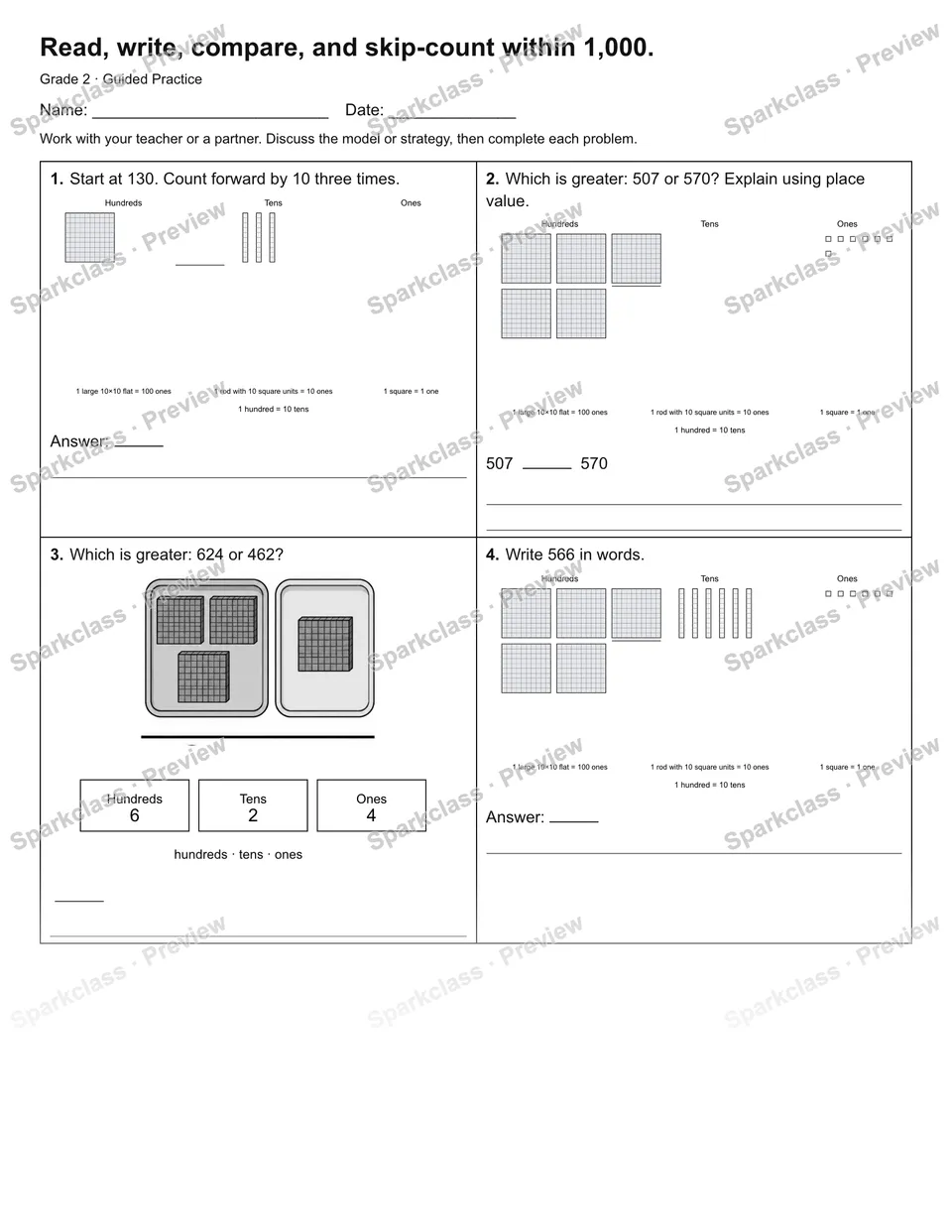 Read, write, compare, and skip-count within 1,000. — Guided Practice — Grade 2 worksheet preview