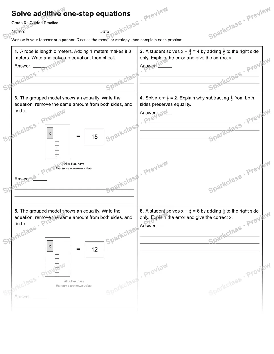Solve additive one-step equations — Guided Practice — Grade 6 worksheet preview