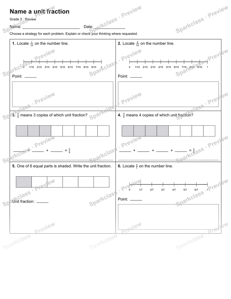 Name a unit fraction — Review — Grade 3 worksheet preview