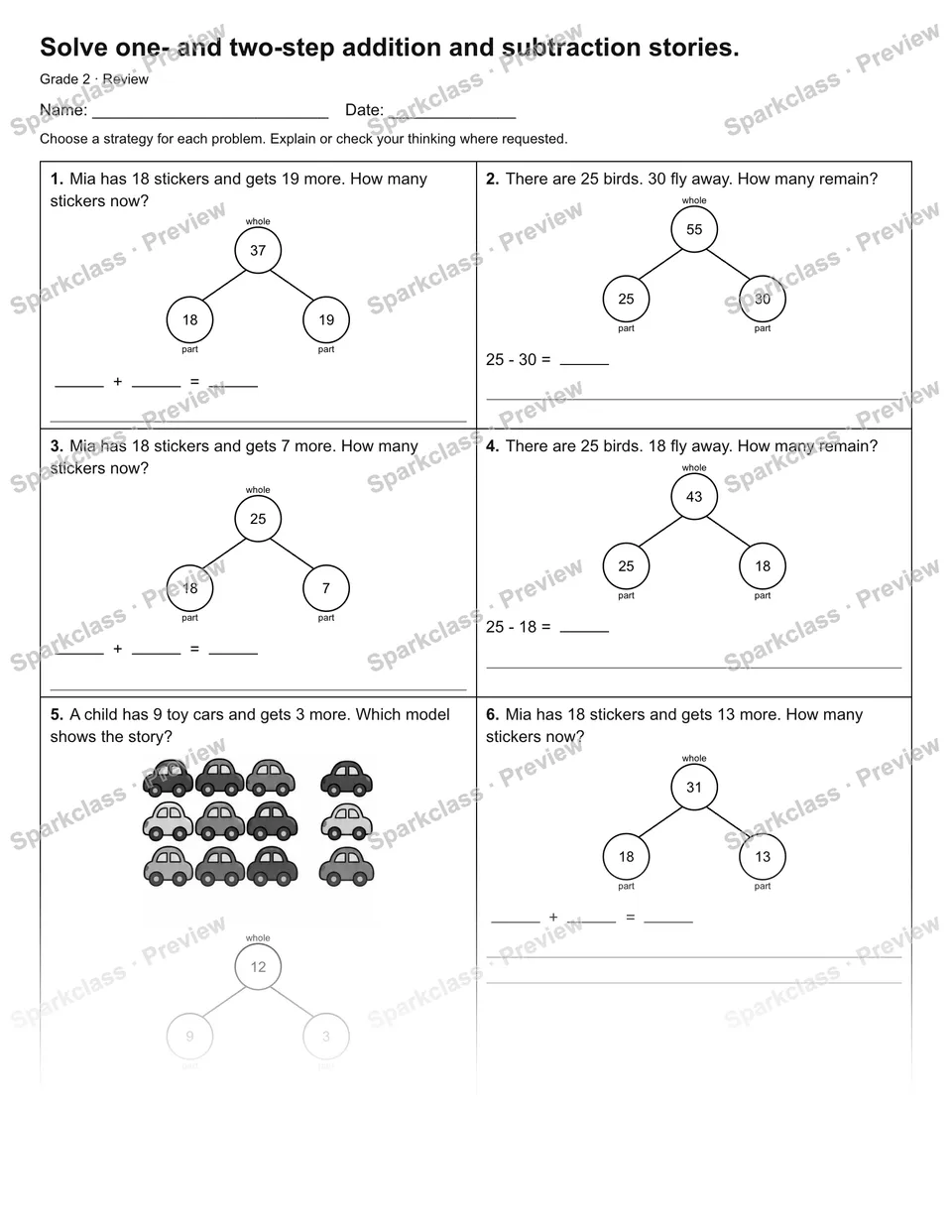 Solve one- and two-step addition and subtraction stories. — Review — Grade 2 worksheet preview