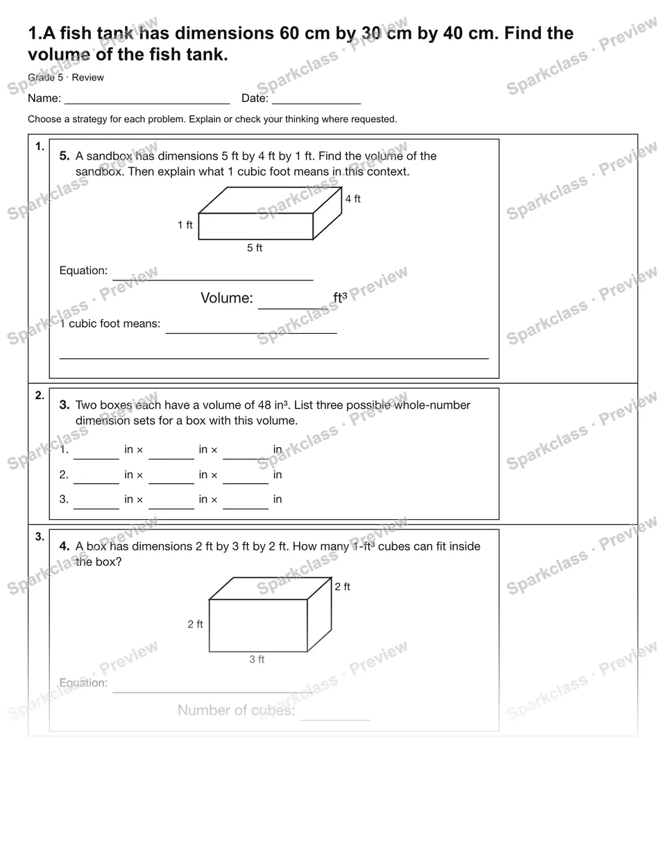1.A fish tank has dimensions 60 cm by 30 cm by 40 cm. Find the volume of the fish tank. — Review — Grade 5 worksheet preview