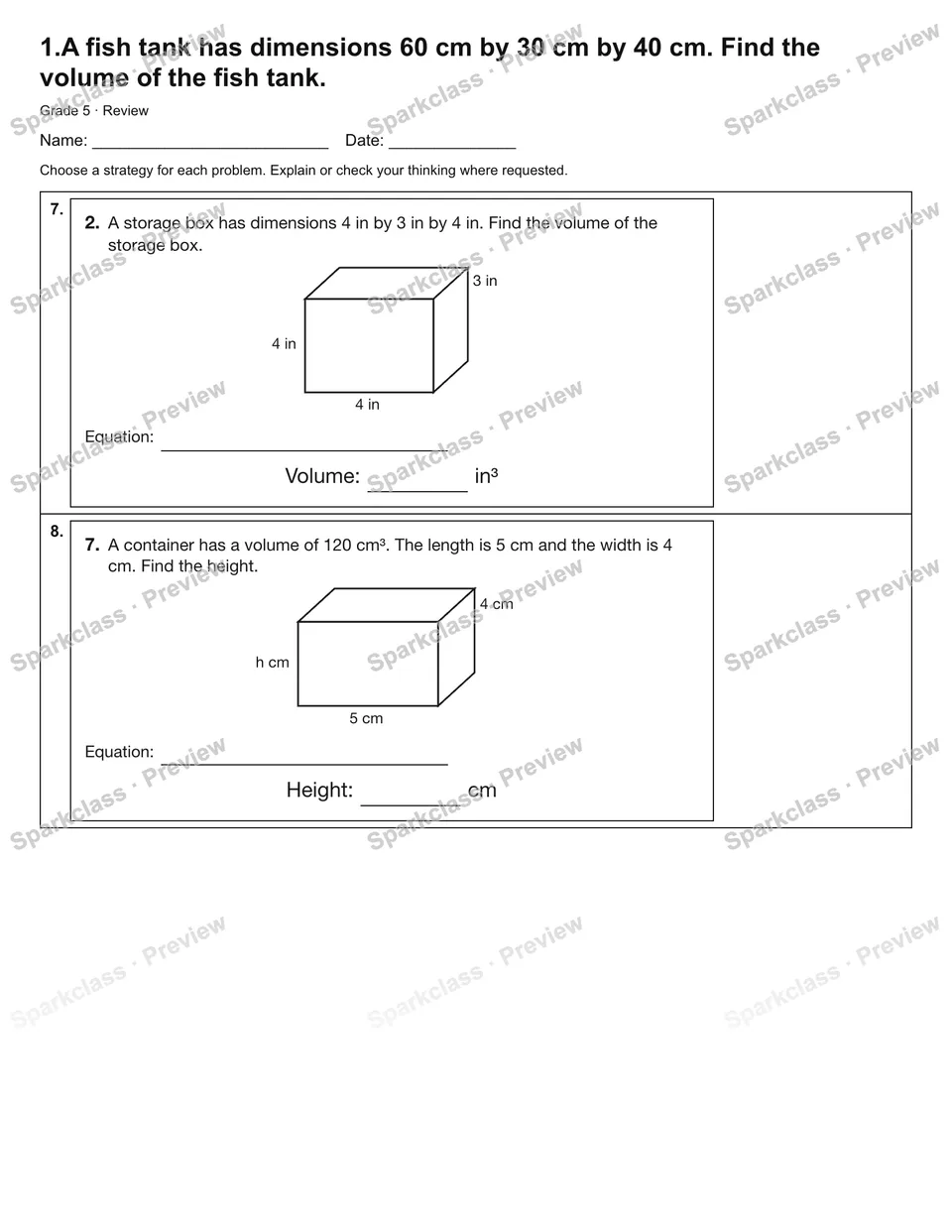 1.A fish tank has dimensions 60 cm by 30 cm by 40 cm. Find the volume of the fish tank. — Review — page 3