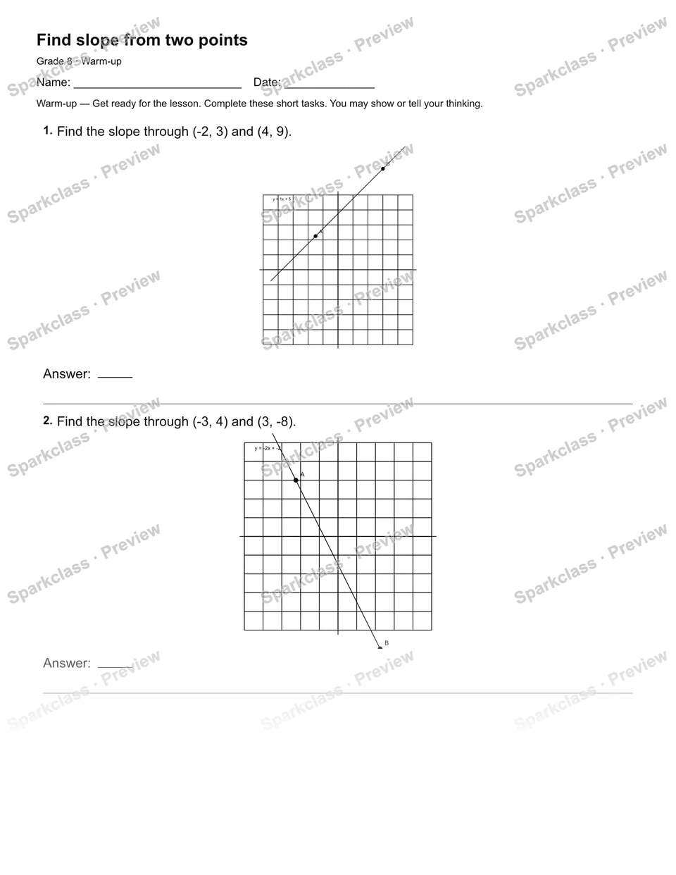 Find slope from two points — Warm-up — Grade 8 worksheet preview