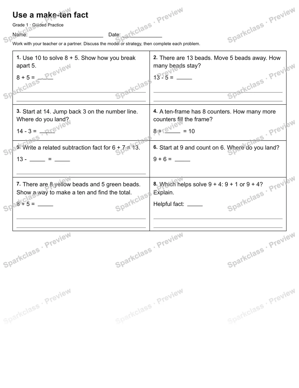 Use a make-ten fact — Guided Practice — Grade 1 worksheet preview