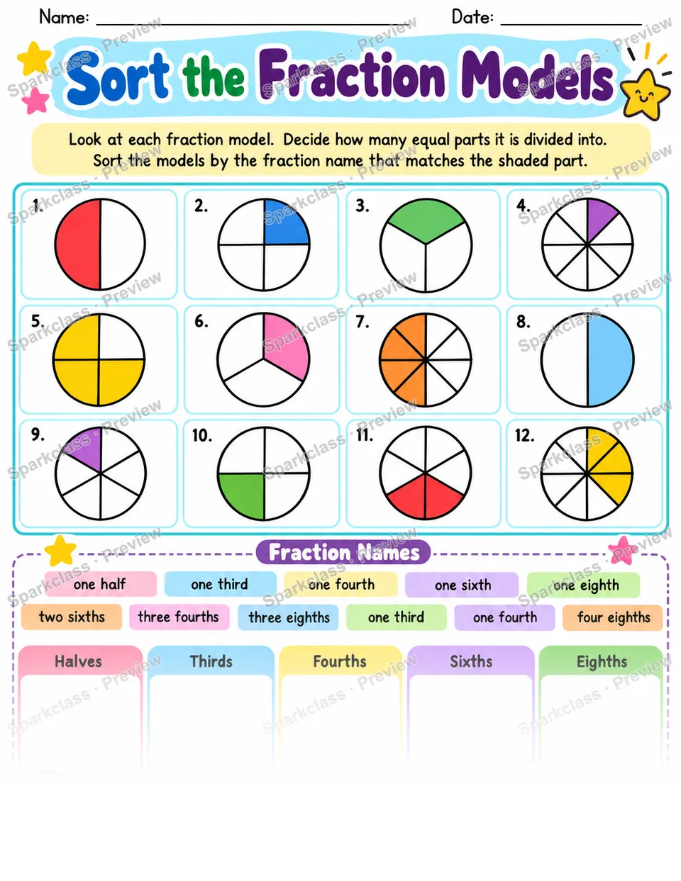 Fraction Model Sort — Grade 3 worksheet preview