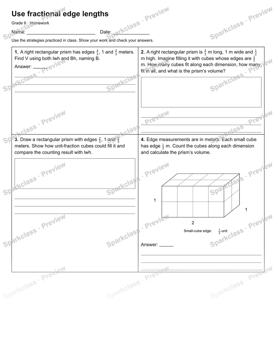 Use fractional edge lengths — Homework — Grade 6 worksheet preview