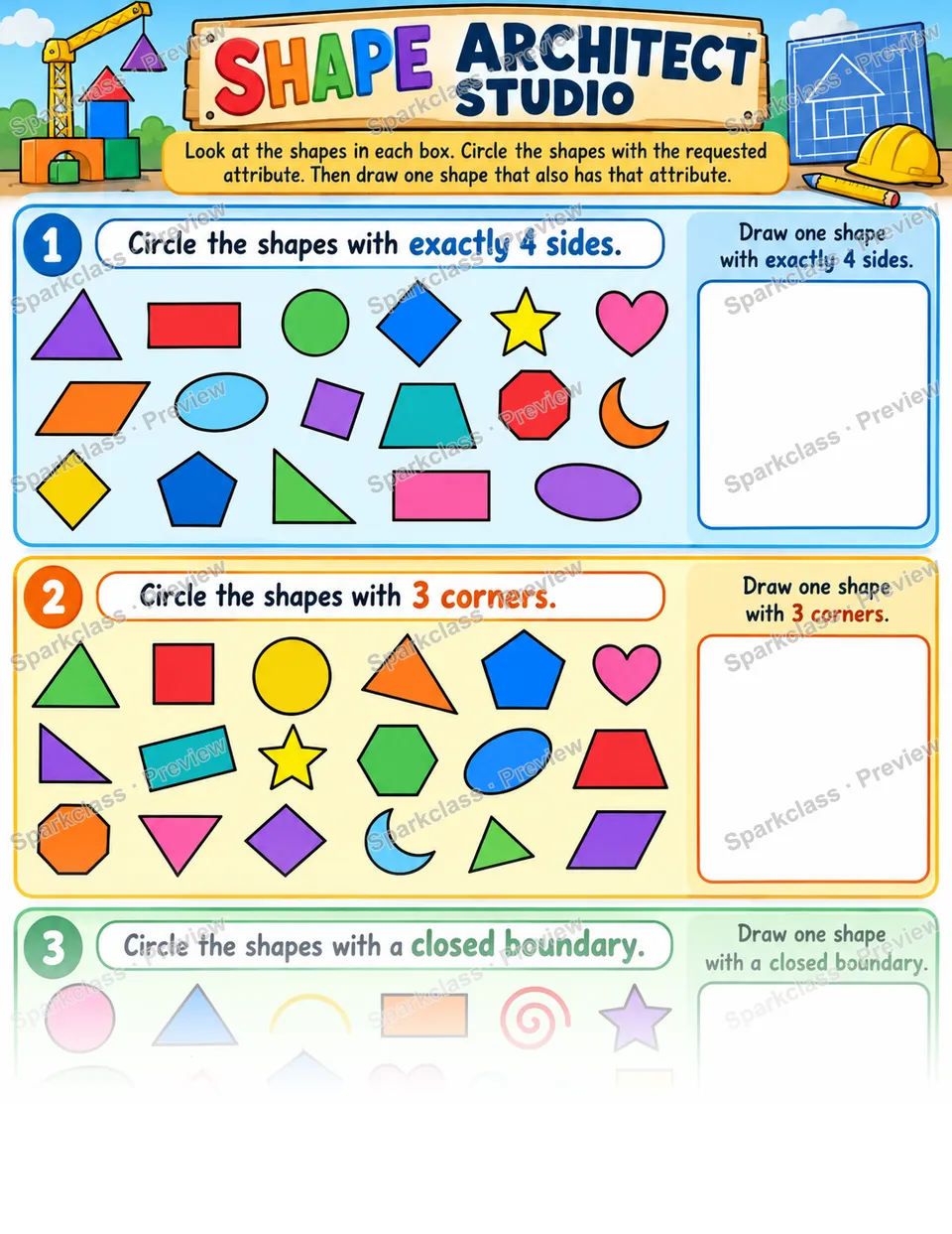 Shape Architect Attributes — Grade 1 worksheet preview