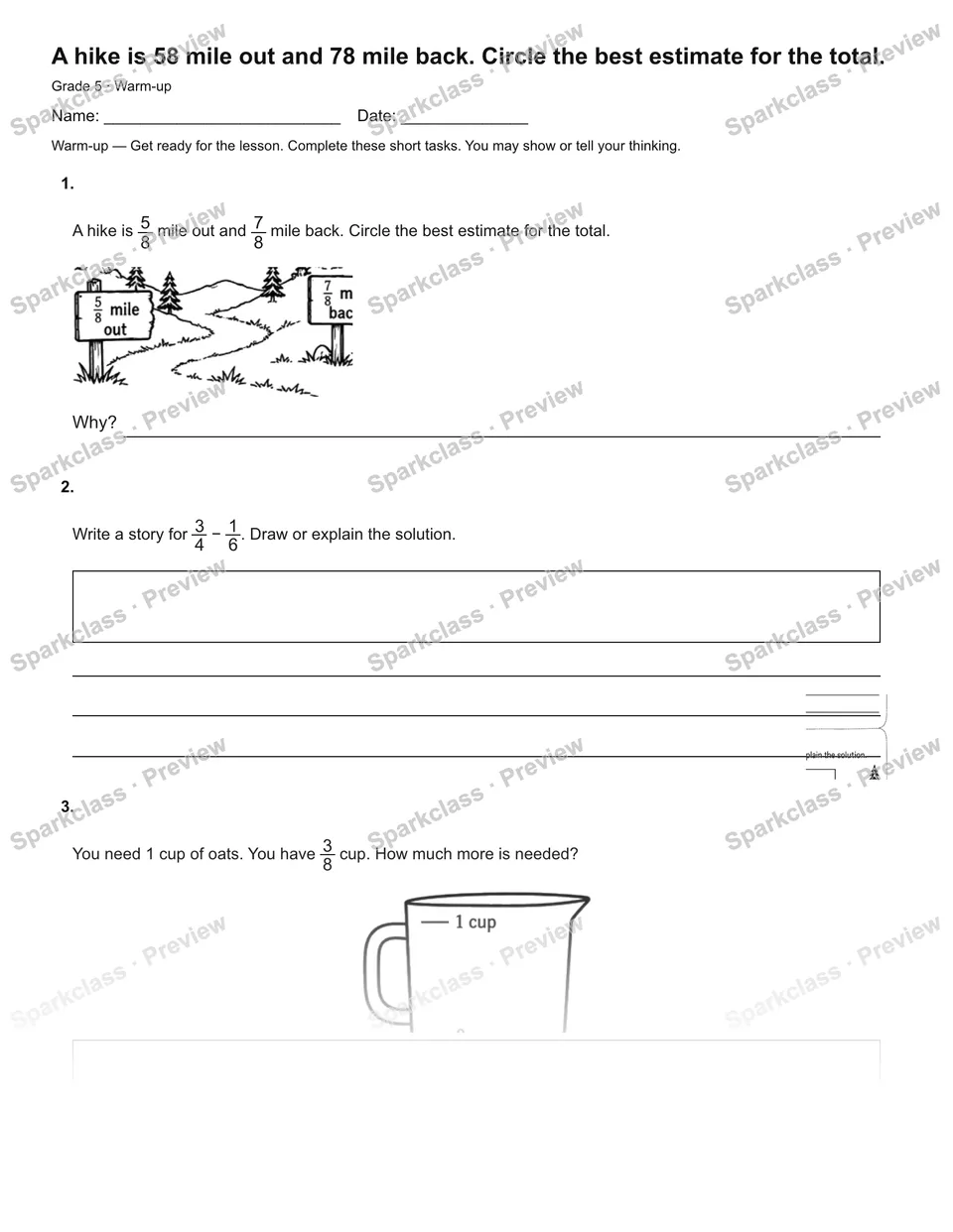 A hike is 58 mile out and 78 mile back. Circle the best estimate for the total. — Warm-up — Grade 5 worksheet preview