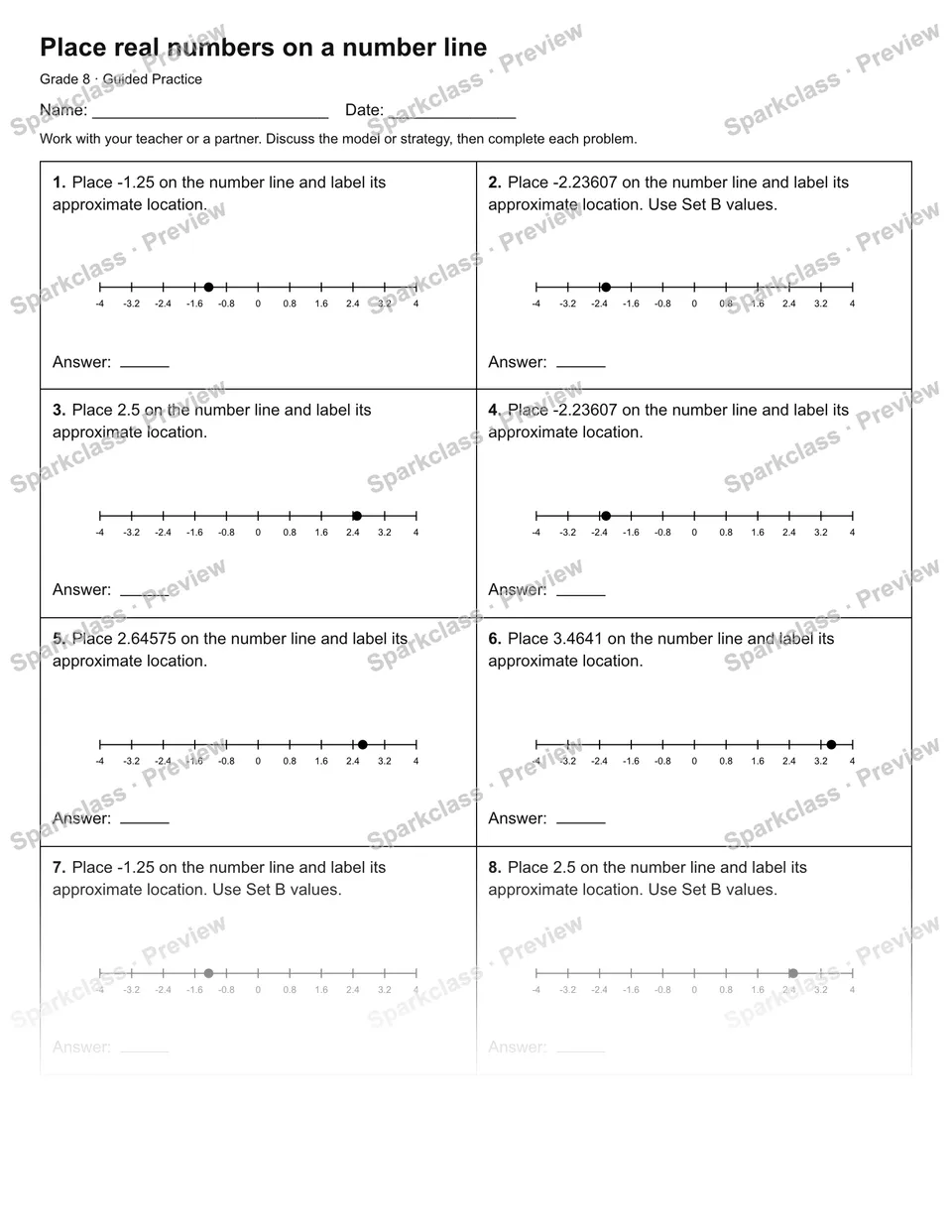 Place real numbers on a number line — Guided Practice — Grade 8 worksheet preview
