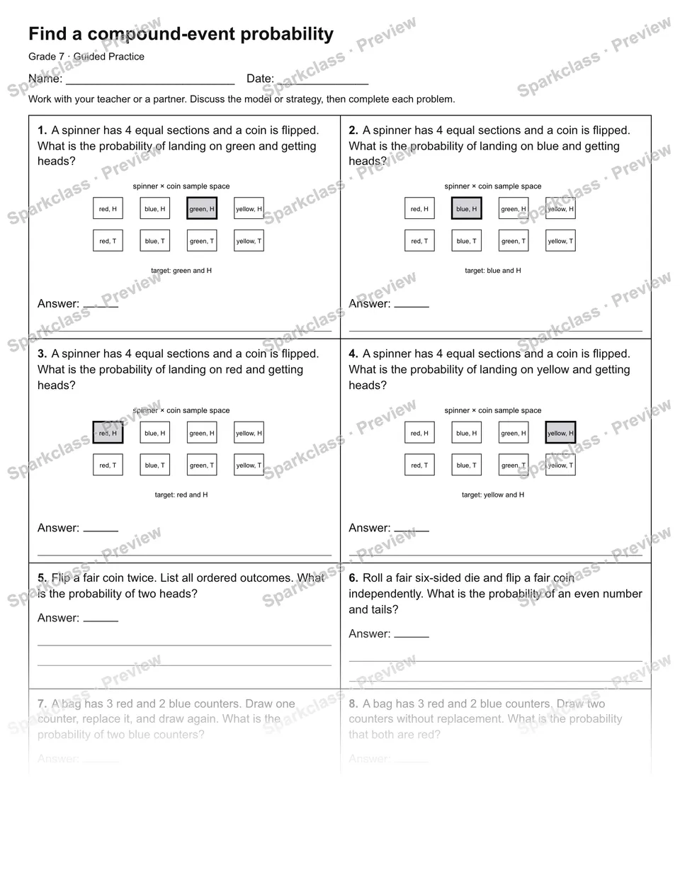 Find a compound-event probability — Guided Practice — Grade 7 worksheet preview