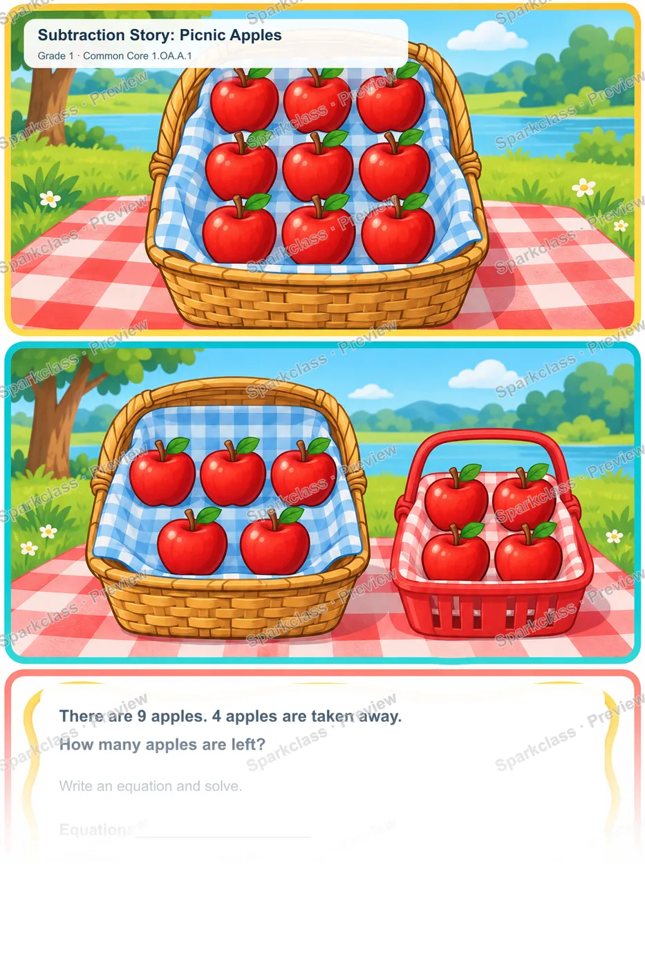 Subtraction Story: Picnic Apples — Grade 1 worksheet preview