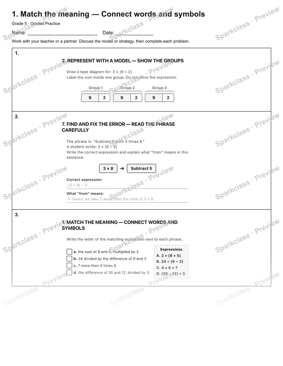 1. Match the meaning — Connect words and symbols — Guided Practice — Grade 5 worksheet preview