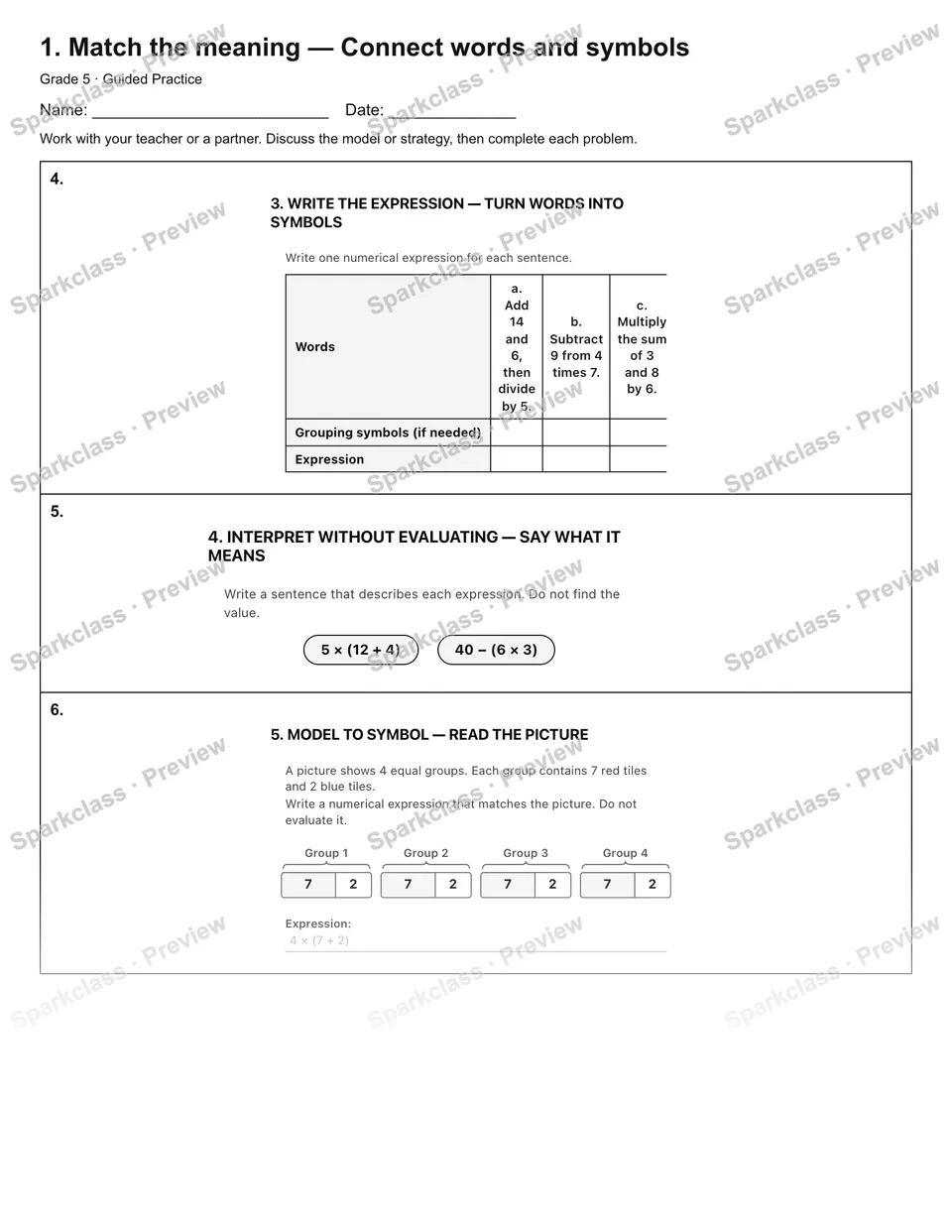 1. Match the meaning — Connect words and symbols — Guided Practice — page 2