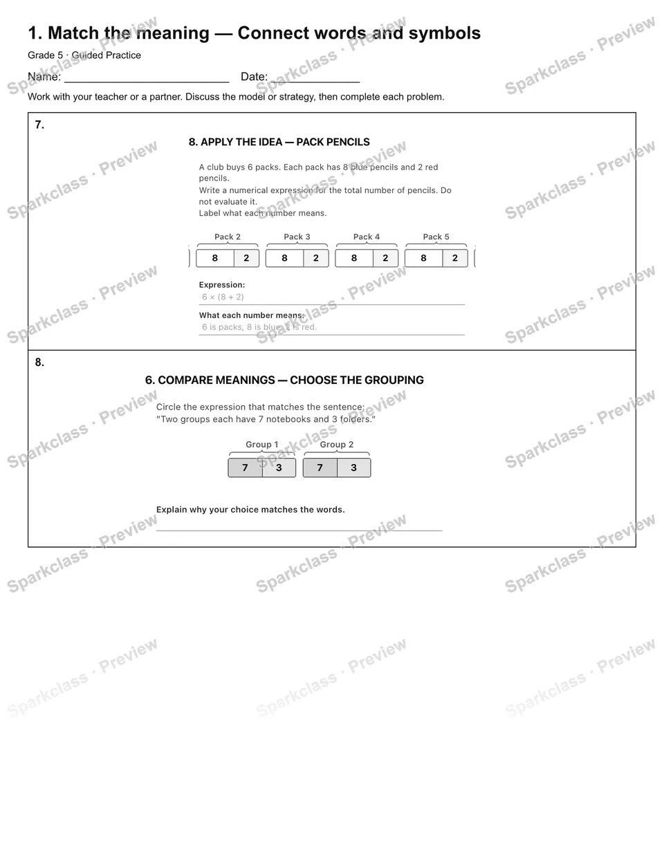 1. Match the meaning — Connect words and symbols — Guided Practice — page 3