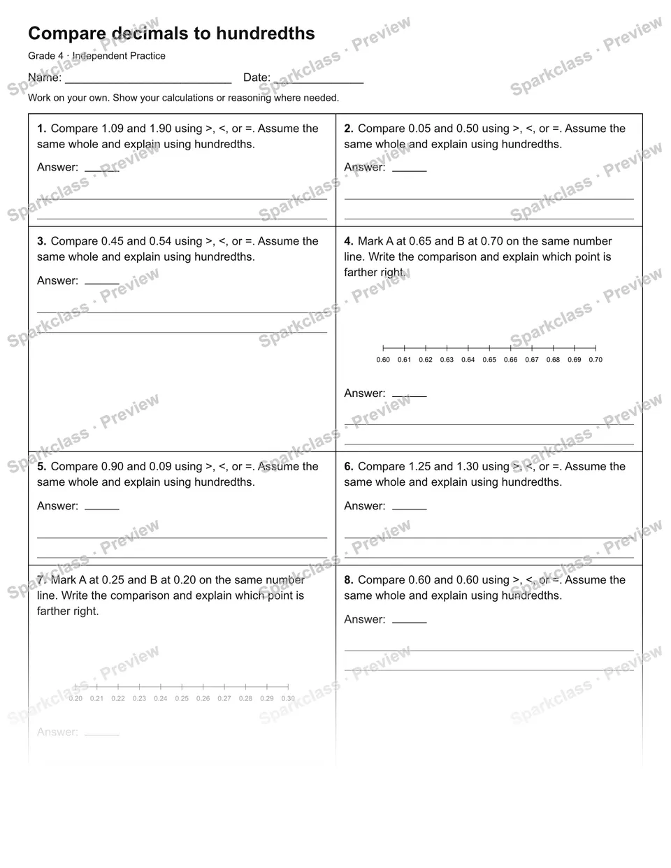 Compare decimals to hundredths — Independent Practice — Grade 4 worksheet preview