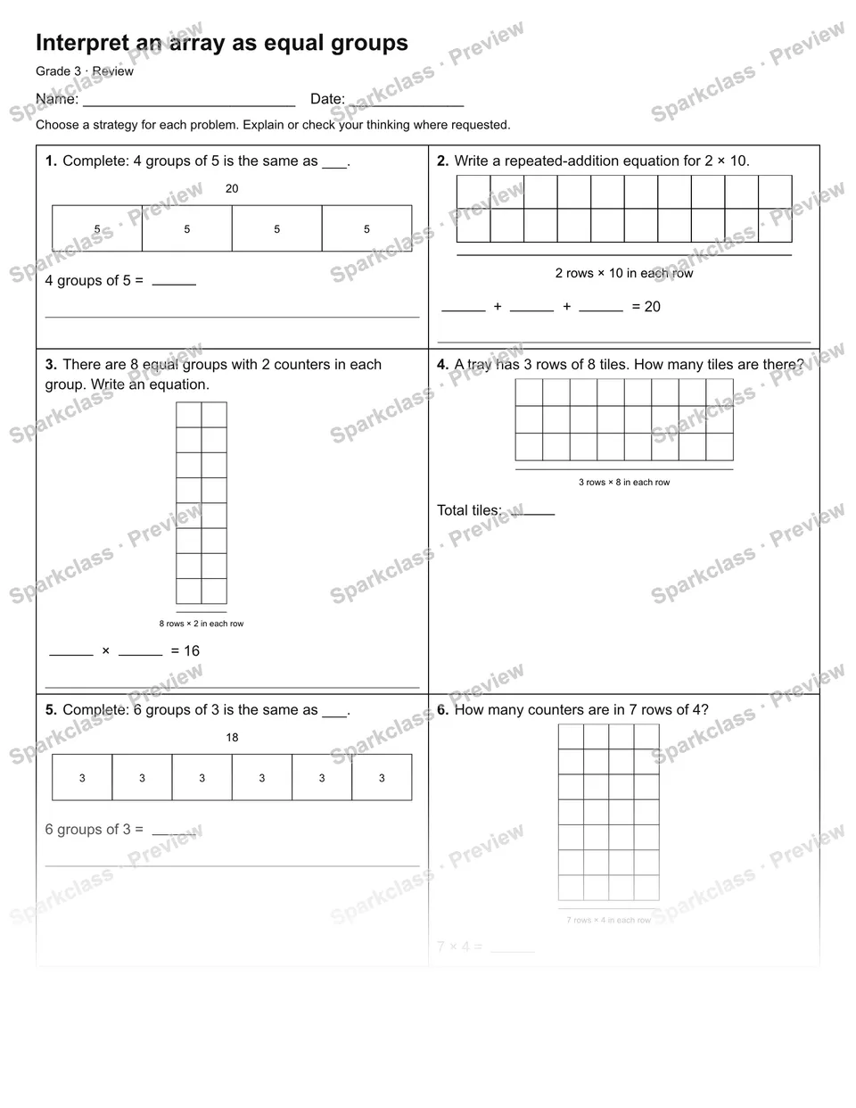 Interpret an array as equal groups — Review — Grade 3 worksheet preview