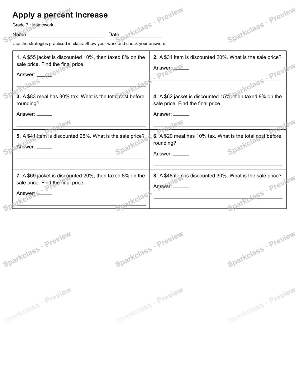 Apply a percent increase — Homework — Grade 7 worksheet preview