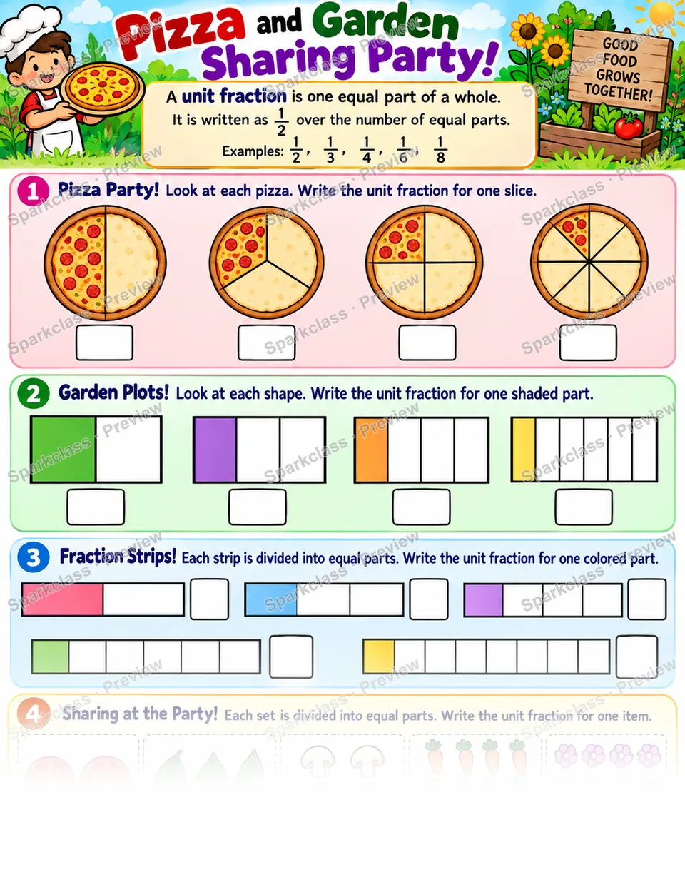 Pizza and Garden · Unit Fractions — Grade 3 worksheet preview